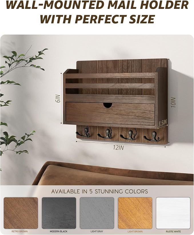 Rebee Vision Farmhouse Wood Mail Organizer Wall Mount - Image 5