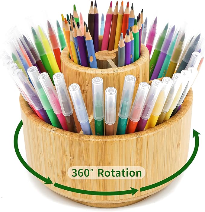 VaeFae Bamboo Pen Holder Organizer, 360° Rotating Art Supply Organizer by VaeFaeDirect