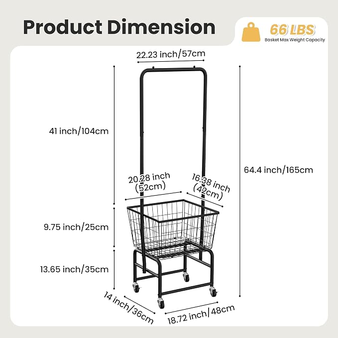 Rolling Laundry Cart with Wheels, Laundry Hamper Basket Organizer with Clothes - Image 3