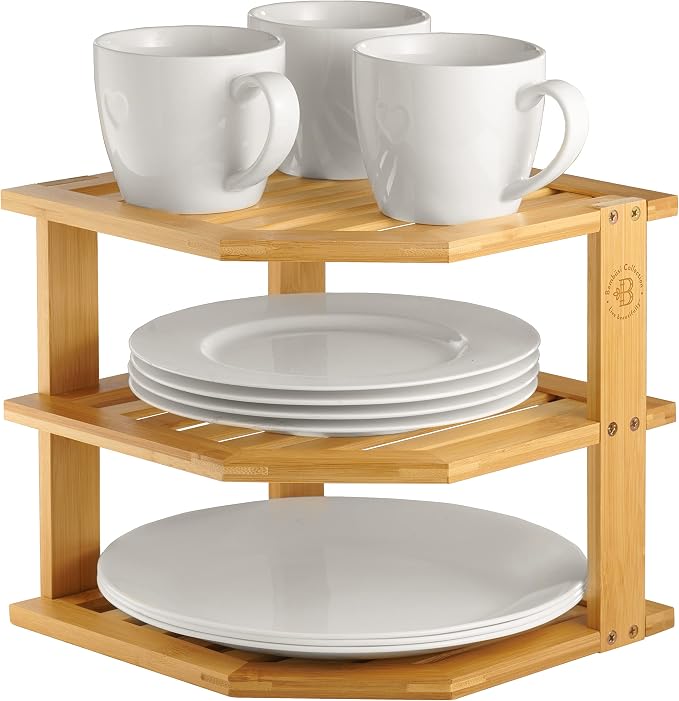 Plate Organizer for Cabinet, Corner Shelf, Bamboo 3-Tier Kitchen Organizer | - Image 9