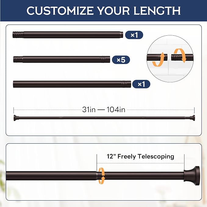 Adjustable Shower Curtain Rod 31-104 Inch, Never Rust Stainless Steel Brown - Image 2
