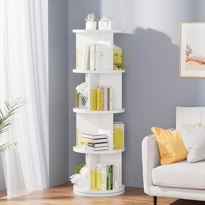 VECELO Rotating Bookshelf Tower, 360°Revolving Bookcase, Round Book Shelf - Image 2