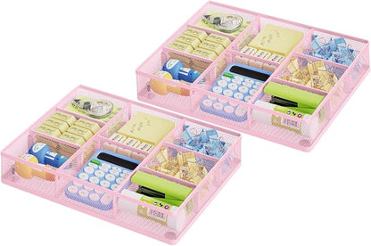 Marbrasse 2P Pink Desk Drawer Organizer, Metal Mesh Drawer Organizer Tray by Marbrasse
