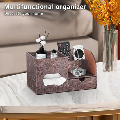 YAPISHI Tissue Box Cover with Storage Tray and Drawer, PU Leather Square Tissue - Image 2