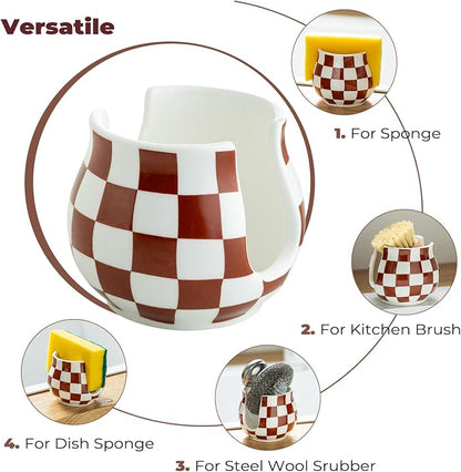 Checkered Sponge Holder for Kitchen Sink Counter, Ceramic Dish Sponge Caddy - Image 4