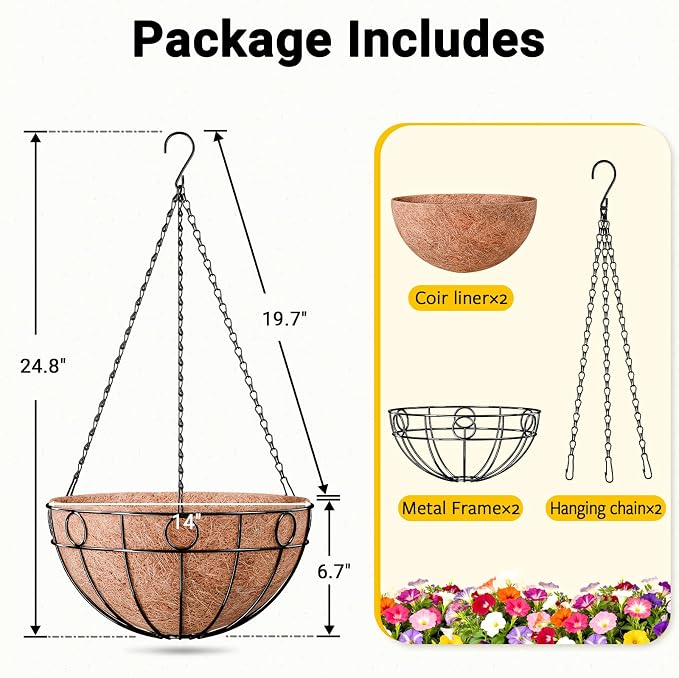 2 Pack 14 Inch Metal Outdoor Plant Hanging Baskets, Round Wire Planter Basket - Image 5