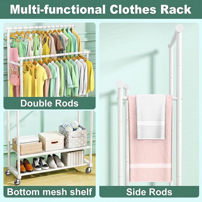 Double Rods Clothes Rack for Hanging Clothes, Heavy Duty Rolling Clothing Rack - Image 5