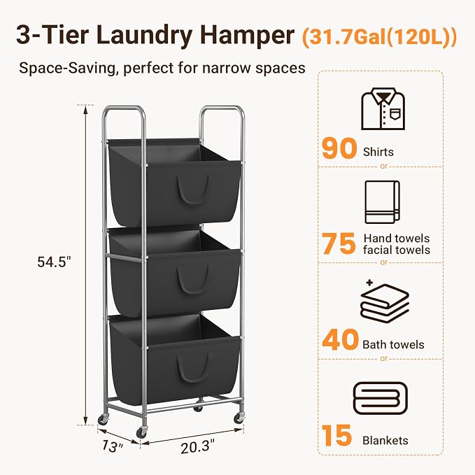 ELYKEN 120L Vertical Rolling Laundry Hamper - Image 3