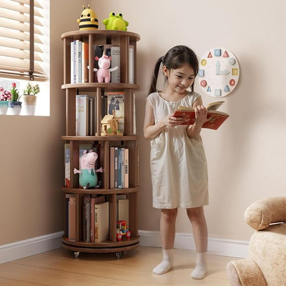 Solid Wood Rotating Bookshelf on Wheels, 4 Tier, Round Revolving Bookcase - Image 3
