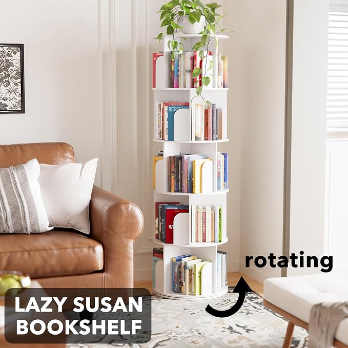 SpaceAid Cross Style 5 Tier Rotating Bookshelf, Spinning 360 Bookcase Lazy - Image 4
