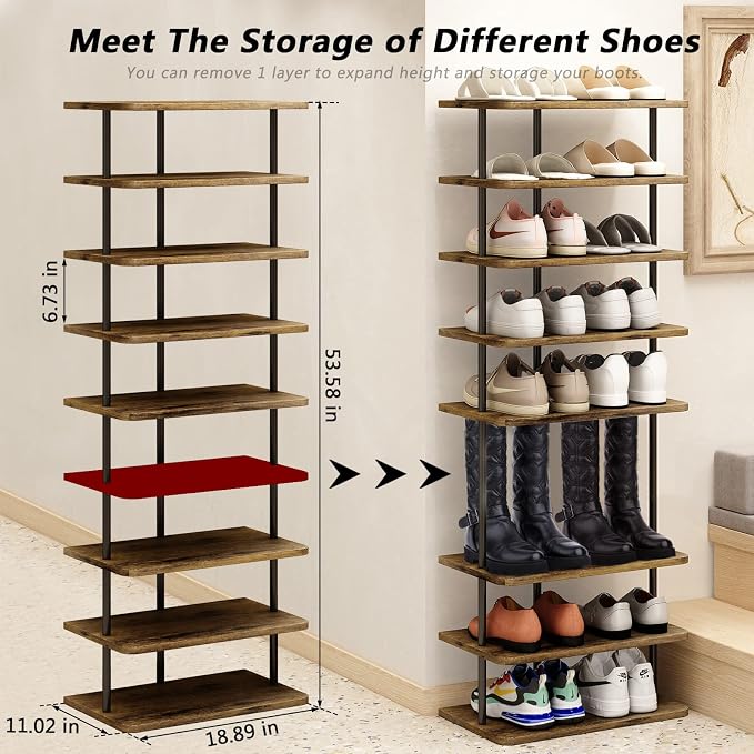 AZERPIAN Shoe Rack Storage Vertical Narrow Shoe Organizer Shelf 9 Tier | Metal - Image 3