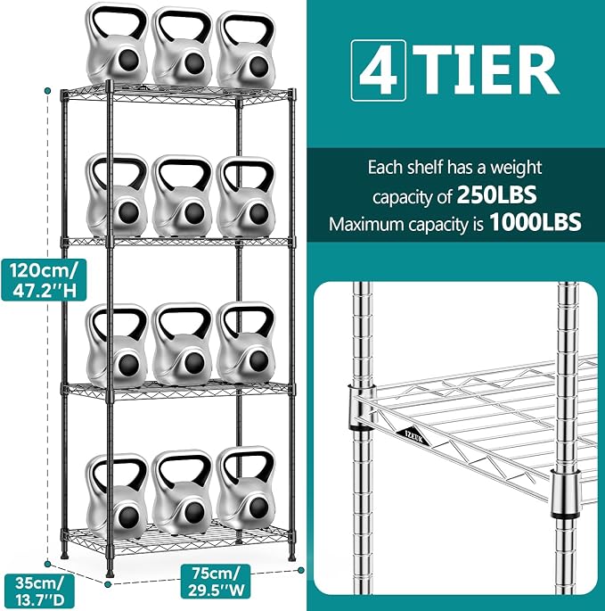 IZEUK 4-Tier Heavy Duty Steel Storage Shelves, Metal Shelf Wire Shelving Rack - Image 3