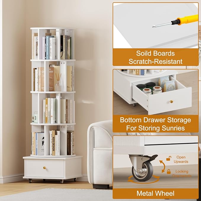 Rotating Bookshelf with Drawers on Lockable Wheels Wood White | 5 Tier Spinning - Image 5