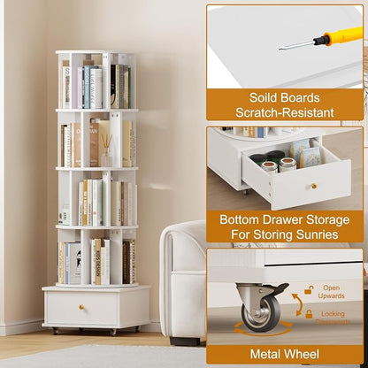 Rotating Bookshelf with Drawers on Lockable Wheels Wood White | 5 Tier Spinning - Image 5