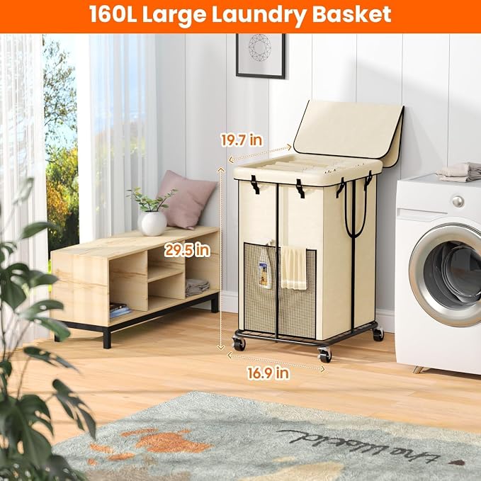 160L Laundry Hamper with Lid, Rolling Laundry Basket with Wheels, Large & Tall - Image 2