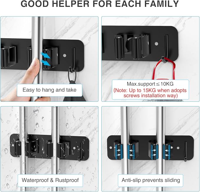 homeasy Wall Mount Mop and Broom Holder, Heavy Duty Stainless Steel Organizer - Image 4