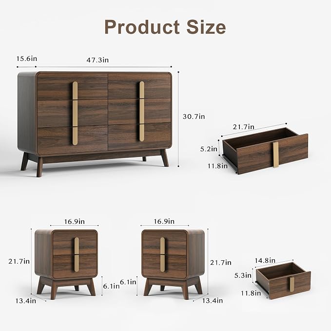 Mid Century Modern Bedroom Set, 6 Drawer Dresser and Nightstand Sets - Image 2