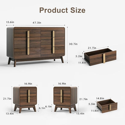 Mid Century Modern Bedroom Set, 6 Drawer Dresser and Nightstand Sets - Image 2