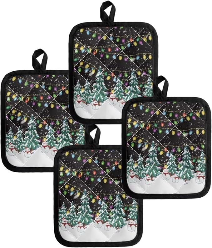 Christmas Snowman Trees Colorful Lights Print Pot Rack Holder Set of 2 Kitchen - Image 4