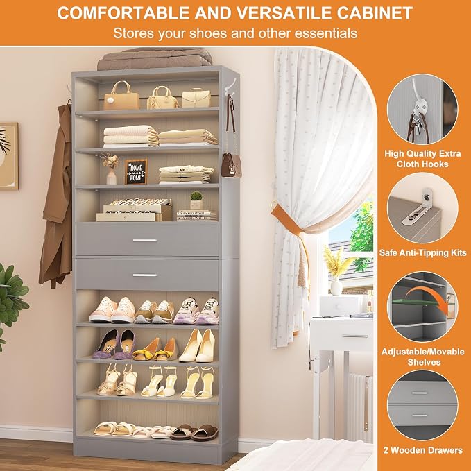 Aheaplus Tall Shoe Cabinet, 10 Tiers Wood Shoe Rack, Vertical Shoe Storage - Image 5