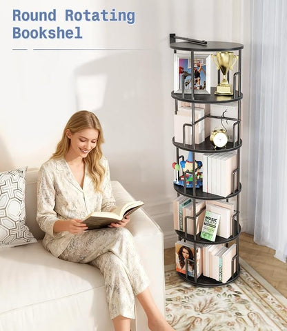5 Tier Rotating Bookshelf Tower Round Black, 62”Tall Standing Spinning - Image 7