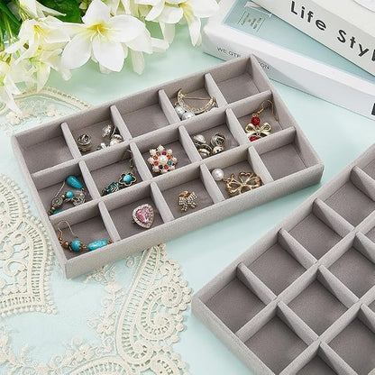 2Pcs 5 x 8.3 Inch Jewelry Drawer Inserts Velvet Jewelry Tray Gray 15 Grids - Image 3