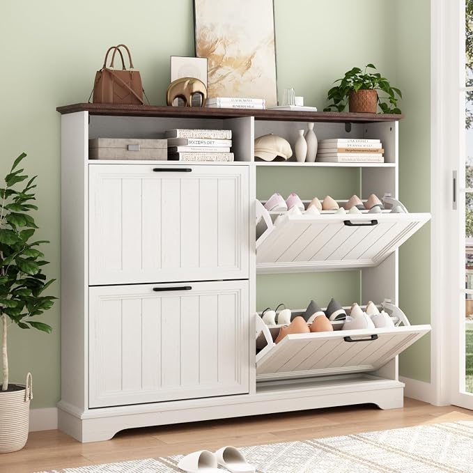 Shoe Storage Cabinet with 4 Flip Drawers, Farmhouse Modern Hidden Shoes Rack by WINWY