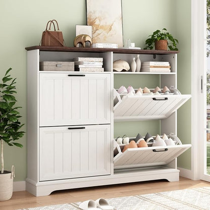 Shoe Storage Cabinet with 4 Flip Drawers, Farmhouse Modern Hidden Shoes Rack by WINWY