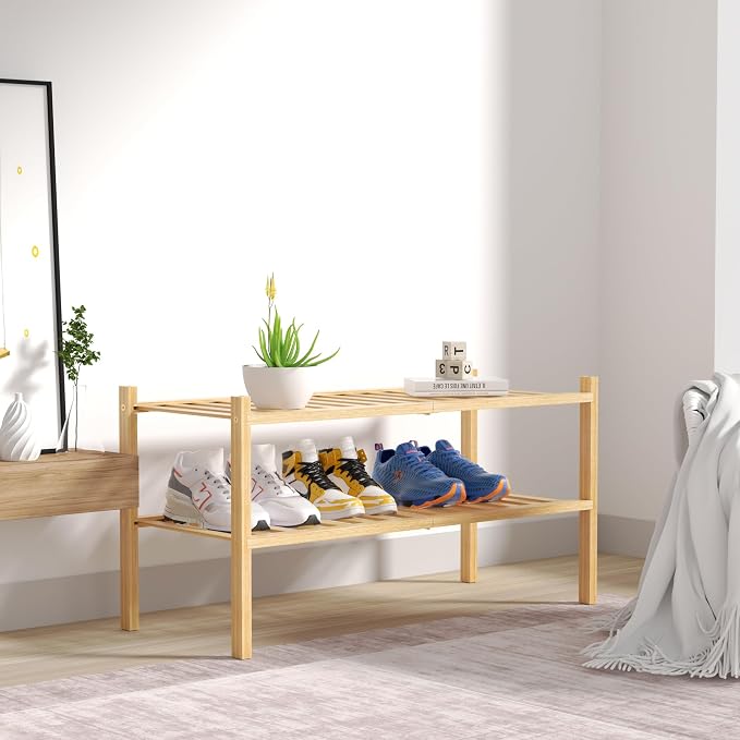 2 Tier Bamboo Shoe Rack for Closet Free Standing Wood Shoe Shelf for Entryway - Image 7