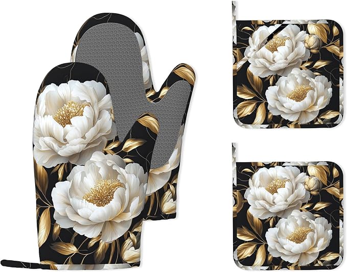 White Flowers Oven Mitts and Pot Holders, Glitter Blooming Heat Resistant by Unknown
