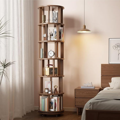 Solid Wood Rotating Bookshelf on Wheels, 6 Tier, Round Revolving Bookcase - Image 8