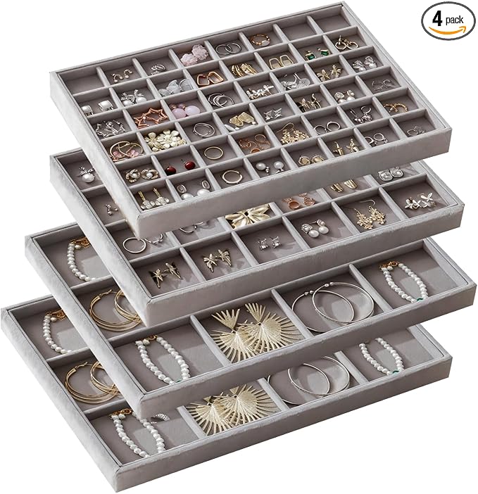 Large Jewelry Drawer Organizer Trays Set of 4, Stackable Velvet Jewelry Trays by Unknown