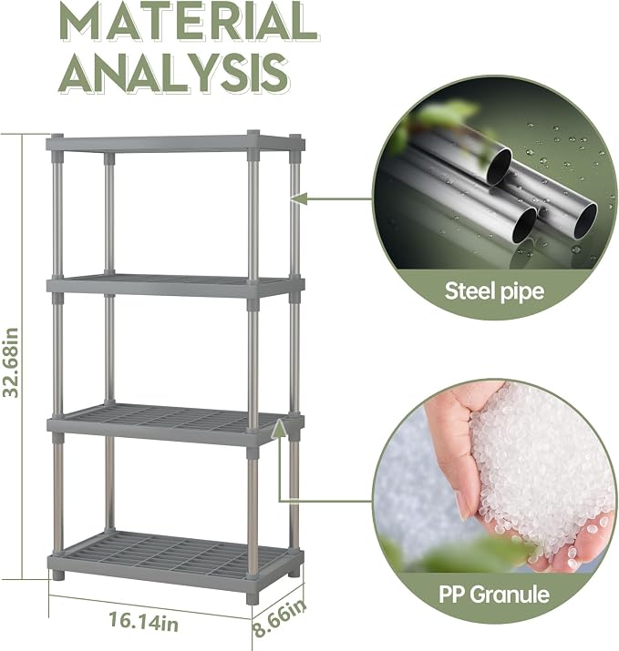 4 Tier Gray Plastic and Metal Standing Shelf Units, Durable Storage Shelves - Image 2