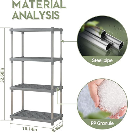 4 Tier Gray Plastic and Metal Standing Shelf Units, Durable Storage Shelves - Image 2