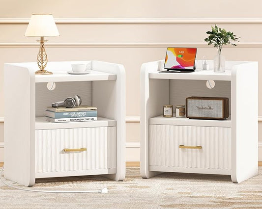 Night Stand with Charger Station, Fluted Nightstands Set of 2 with Drawer by Curlaky