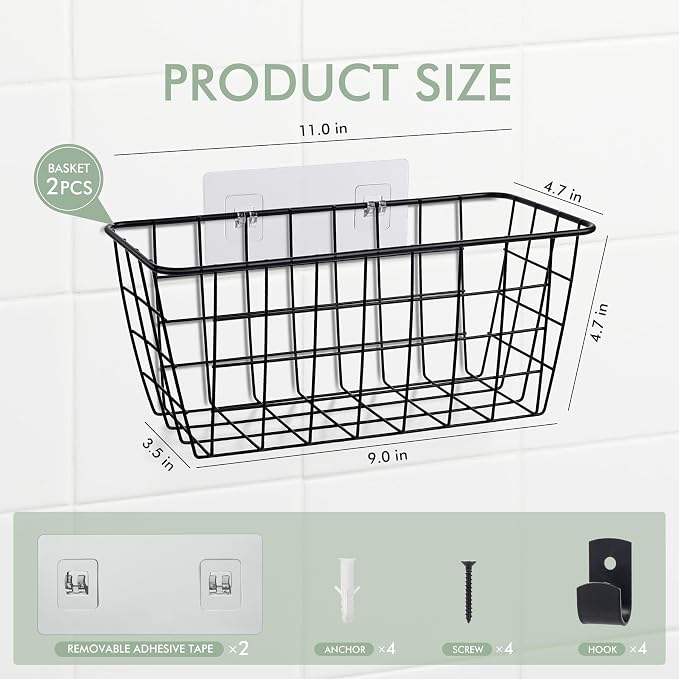 Wire Hanging Wall Basket, 2 Black Metal Baskets, Adhesive Cabinet Organizer | - Image 3
