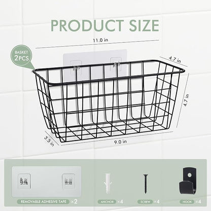 Wire Hanging Wall Basket, 2 Black Metal Baskets, Adhesive Cabinet Organizer | - Image 3