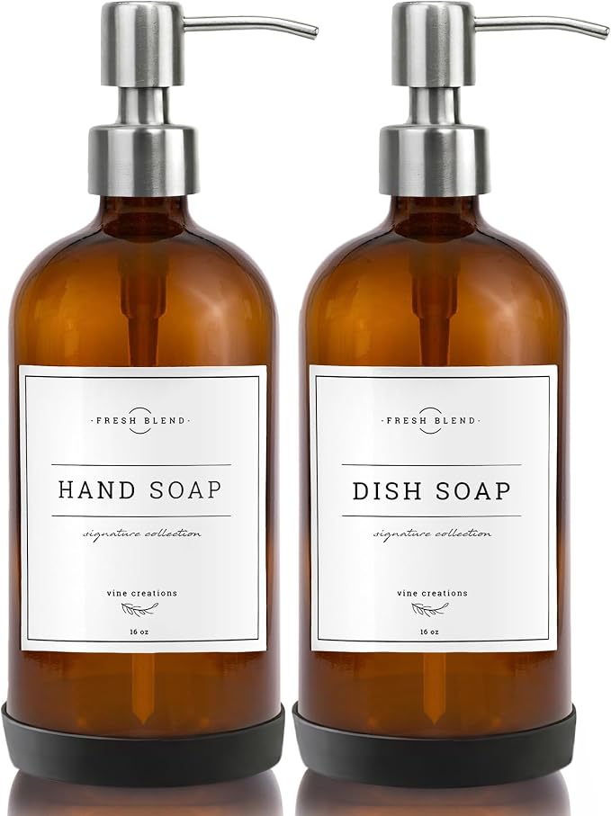 Vine Creations Amber Glass Soap Dispenser, 2 Pack Kitchen Soap Dispenser Set by VineCreations
