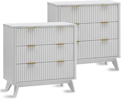 T4TREAM Fluted 3 Drawers Nightstand Set of 2, Oversized Extra Large Modern Side by T4TREAMFurniture
