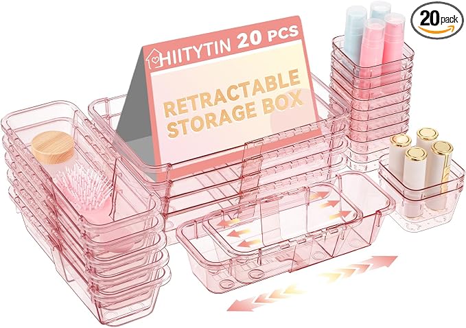 20 Pcs Adjustable Clear Drawer Organizer, Extendable Vanity Storage Bins by Hiitytin