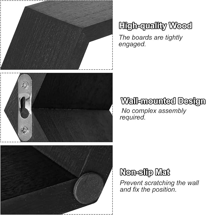 YBING Hexagon Floating Shelves Black Hexagon Shelves - Image 5