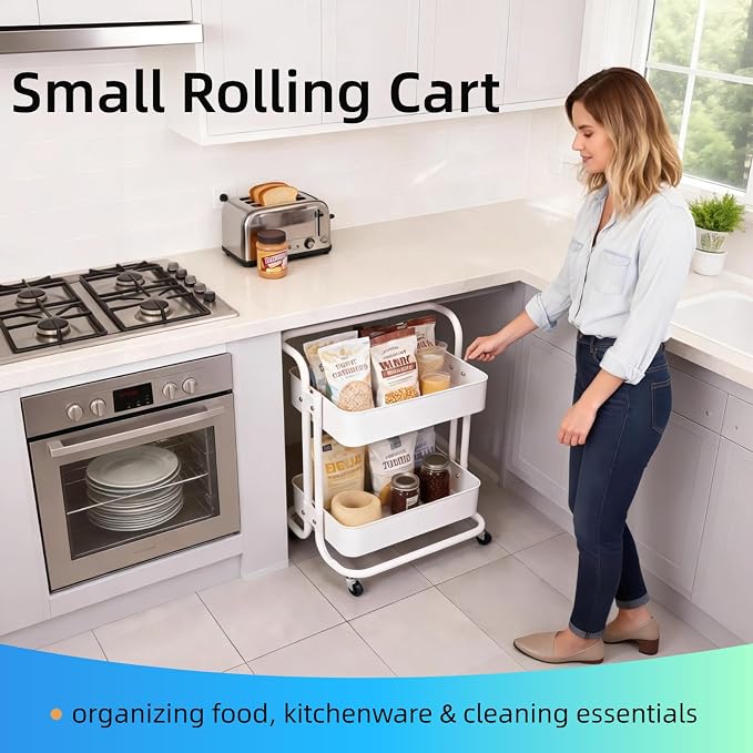 2 Tier Cart with Wheels Under Desk Storage with Handle, Metal Rolling Pantry - Image 8