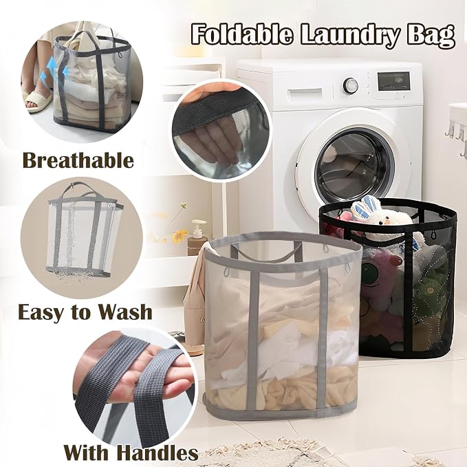 Collapsible Laundry Basket, Mesh Bag - Image 4