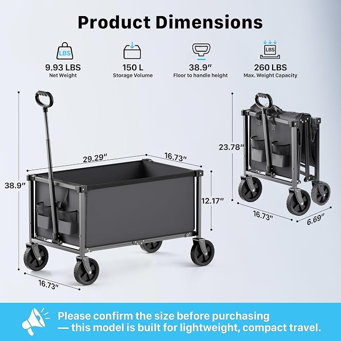 29.3" Collapsible Wagon Cart, 150L Heavy Duty Folding Utility Wagon - Image 3