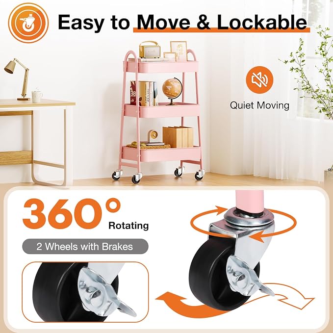 NEWBULIG 3-Tier Metal Rolling Storage Cart, Heavy Duty Mobile Utility Organizer - Image 3