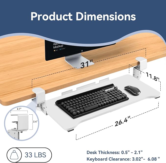VUSIGN Keyboard Tray Under Desk Height Adjustable, Pull Out - Image 2