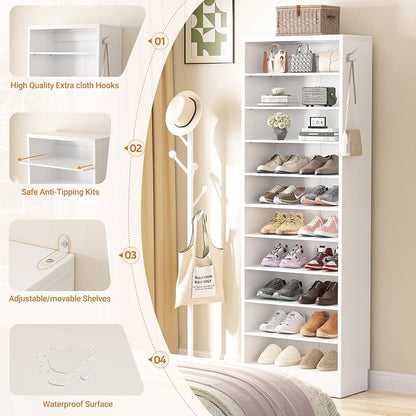 Aheaplus Tall Shoe Cabinet, 10 Tiers Narrow Wood Shoe Rack, Shoe Storage - Image 7