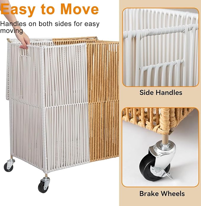 WOWLIVE Laundry Hamper with Wheels, Handwoven Rolling Laundry Basket with Lid - Image 6