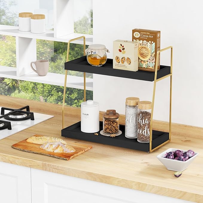 Forbena Black and Gold Bathroom Organizer Countertop, 2 Tier Counter Organizer - Image 3
