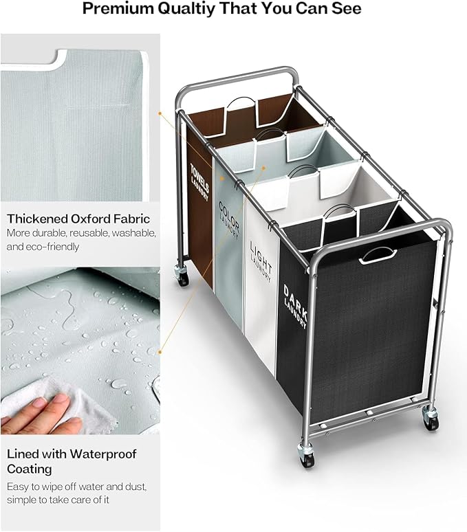 ROMOON Laundry Hamper Sorter Cart: 4-Section Organizer - Image 4